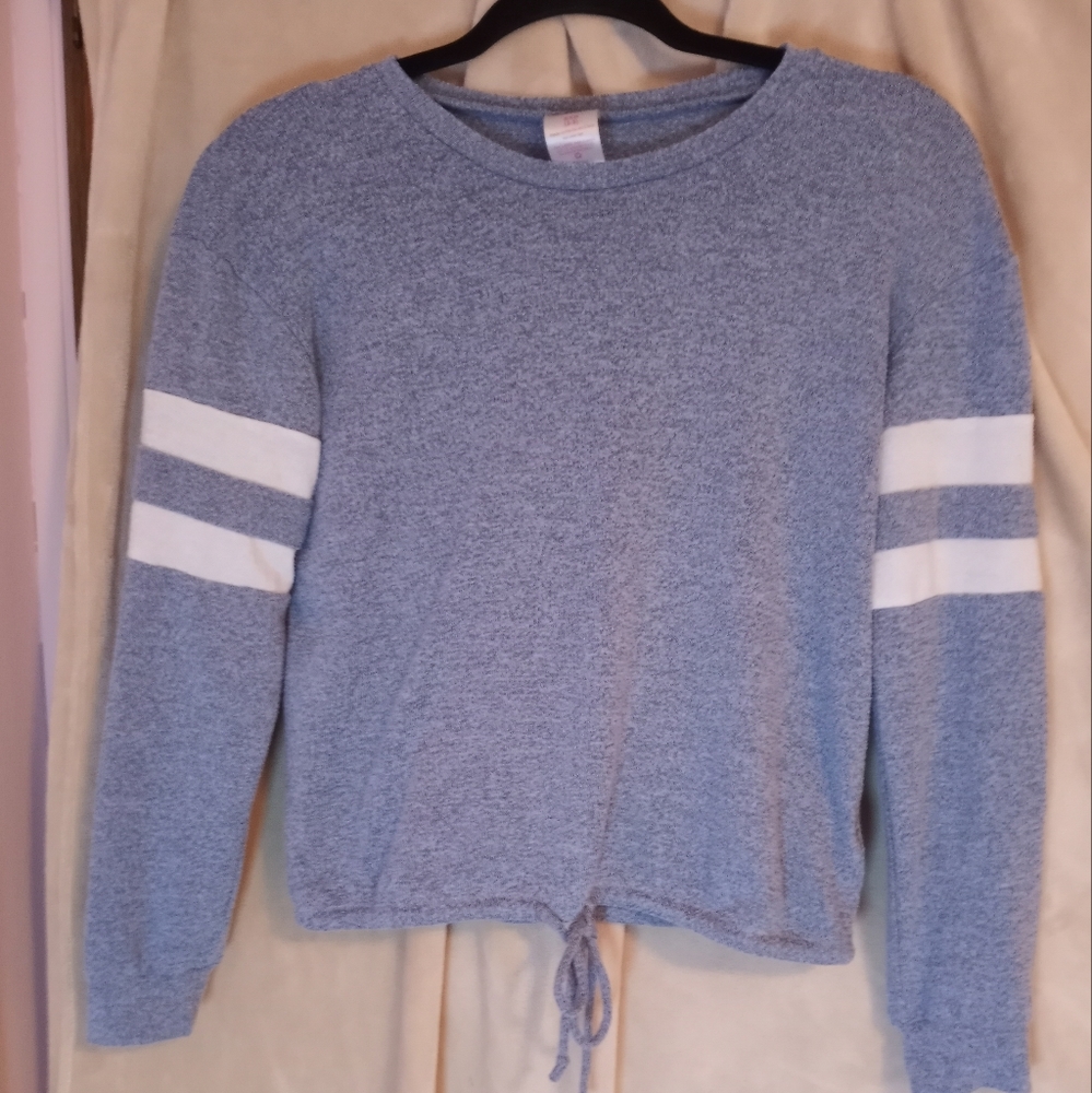 Blue and white sweater.